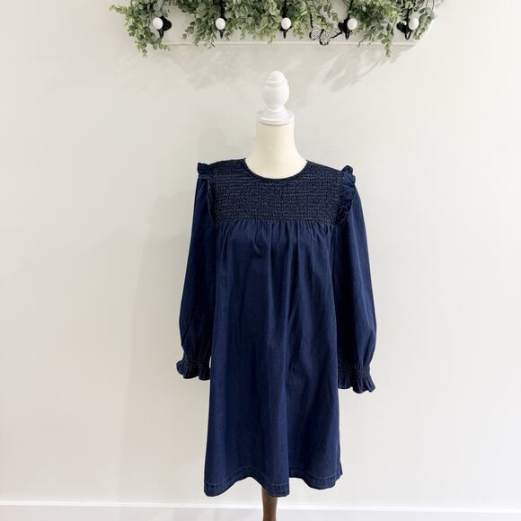 Madewell Dresses & Skirts - Madewell Indigo Ruffle Neck Smocked Babydoll Dress Lalaine Wash Size M NWT